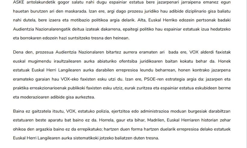 15 Euskal Herritarren deklarazio judizialaren aurrean ASKE-k hurrengo oharra argitaratu  du